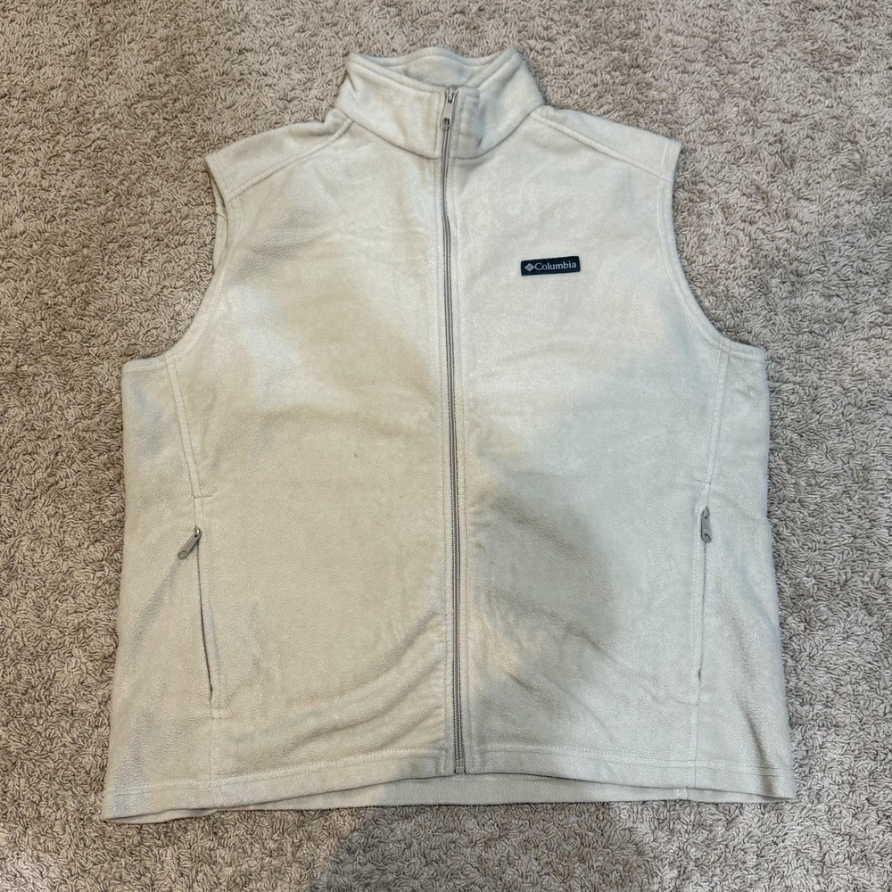 Columbia Fleece Vest Mens XL Beige Ivory Full Zip Zip Pockets Outdoor Hiking